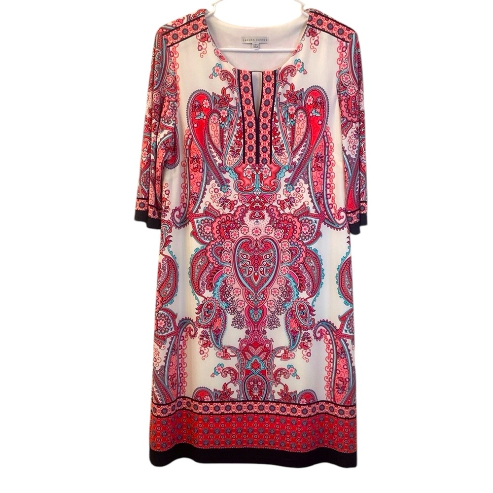 Sandra Darren Dress Long Sleeve MIDI Paisley Boho White Pink Blue Black WM SZ 12